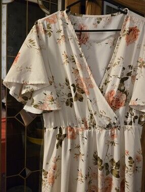 Floral Wrap-Front Cream Dress with Peach Roses